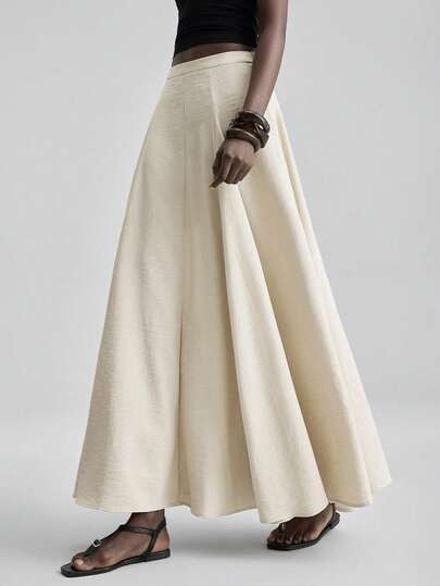 Ontre 2026 New Spring/Summer Women's Woven Fabric Patchwork Design A-Line Midi Skirt, Loose Fit, Apricot Color, Suitable For Valentine's Day, Wedding Season, Vacation Party, Independence Day, Urban Chic, Minimalist Fashion For Commuting