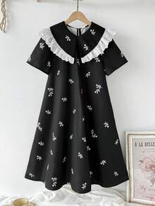 Loose Elegant Ditsy Floral Contrast Lace Trim Teen Girl Dress - Black - View 5