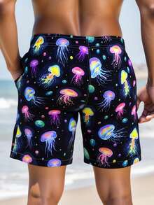 Manfinity Swimmode 男士全印花弹力腰抽绳口袋休闲夏季沙滩短裤 - 彩色 - 查看 2