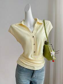 SHEIN EZwear 女士黄色梭织单排扣褶裥休闲衬衫 - 淡黃色 - 查看 6