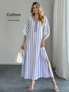 Easowa 蓝白条纹蝙蝠袖宽松连衣裙，适合休闲度假、海滩度假、日常休闲穿着，采用舒适棉质面料，宽松休闲长裙 - 彩色 - 查看 3