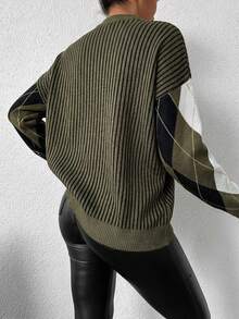 Women's Oversized Contrast Color Diamond Pattern High Neck Loose Knit Pullover Sweater - Khaki - View 2