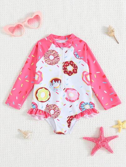 Cozy Pixies 女婴甜甜圈印花撞色荷叶边拉链连体泳衣，适合度假和海滩穿着