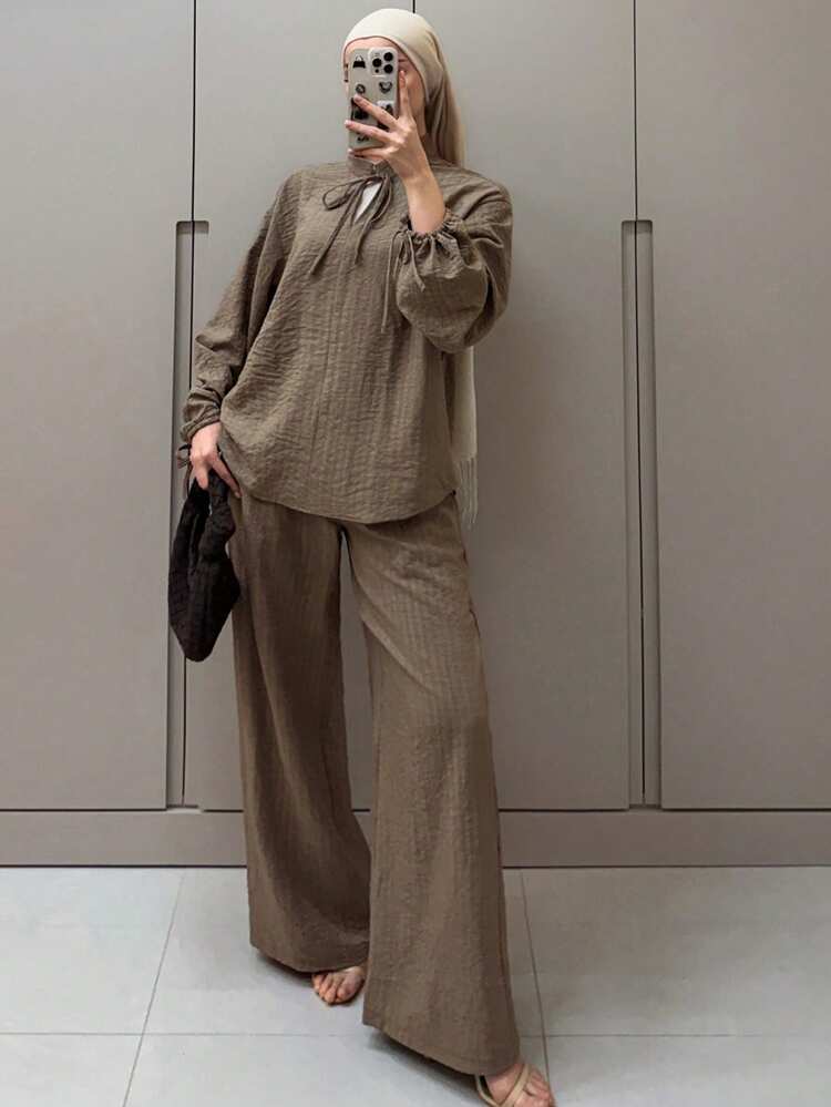 Women's Elegant Tie-Neck Top And Casual Pants 2 Pieces Set, Summer