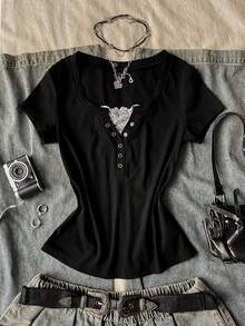 Attitoon Áo thun ôm sát nữ kiểu dáng thường ngày, phối ren, phong cách vintage, grunge, Y2K. - màu đen - Xem 2