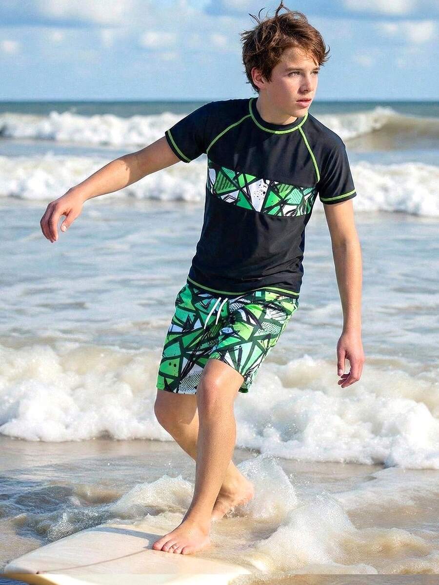 Boys Two Pieces Rash Guard Swimsuits Teen Boy Vacation Short Sleeve Sunsuit Swimwear Sets 12-16Y Teen Boy Rash Guard Set Boys Rash Guard Set Teen Boy Swim Set Teen Boy Beach Wear Boys Swim Shorts Teen Boys Surf Set - Multicolor - View 1