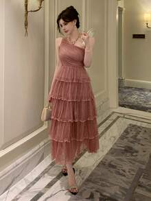 DAZY 闪亮、弹力、优雅的单肩甜美蛋糕裙，适合女士、婚礼宾客、女士长款连衣裙/吊带裙 - 粉色 - 查看 8