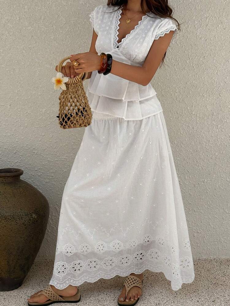 Damen Sommer Urlaub Weiße Spitze Ärmellos Crop Top und Lässig A-Linie Rock 2-teiliges Set Kreuzfahrt Outfit für Frauen - Weiss - Übersicht 5