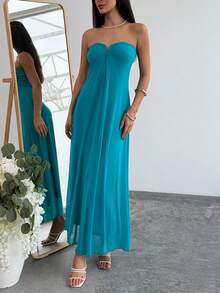 Aloruh New Romantic V-Neck Strapless Plunging Neckline Maxi Flowy Dress, Macaron Blue-Green, A-Line Silhouette, Flattering - Mint Blue - View 5