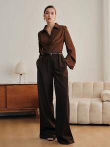 Anewsta 优雅褶裥领长袖衬衫，时尚百搭，适合新年、春季、夏季、情人节、派对等场合。 - 咖啡棕 - 查看 3