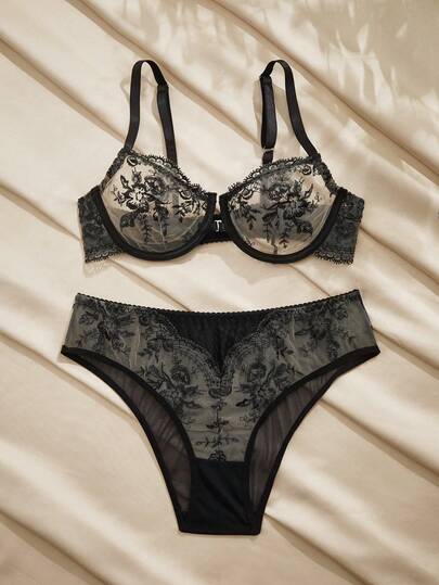 Charlaine 2pcs Set Underwear For Women With Steel Rings, Front Closure, Lift & Gather, Embroidery, Mesh Splice, Sheer, Backless, Vintage Romantic