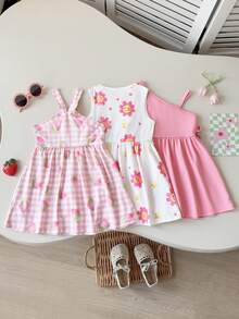 SHEIN Playful Pals Set de 3 vestidos sin mangas de colores alegres para niñas bebés, para uso en verano y al aire libre - Multicolor - Ver 2