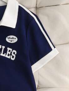 Set de 2 piezas: Blusa de cuello polo de manga corta y falda mini a cuadros, estilo escolar primavera/verano para adolescentes. Adecuado para la escuela, deportes o atuendos casuales. - Azul Marino - Ver 4