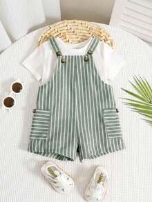 SHEIN Baby Boy Cute Casual Versatile Striped Bib Shorts - Multicolor - View 5