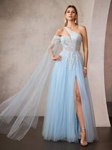 MOTF Soiréza VESTIDO DE CÓCTEL DE MUJER CON CONTRASTE DE LENTEJUELAS Y MALLA - Azul - Ver 6