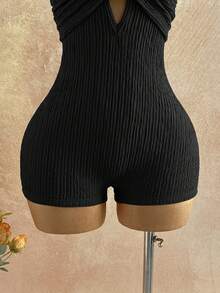 Soleia Bộ jumpsuit nữ màu trắng dệt kim có họa tiết, kiểu dáng thanh lịch, hở lưng, cổ tròn, gợi cảm cho Halloween, Giáng sinh, kỳ nghỉ. - màu đen - Xem 5