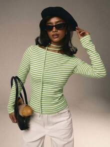 Athîral 情人节女士休闲条纹圆领长袖T恤，秋季款 - 綠色 - 查看 6