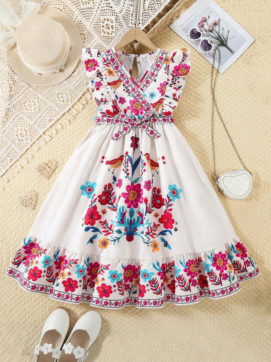 SHEIN 少女时尚可爱碎花荷叶边无袖连衣裙,适合日常外出、度假、节日穿着。 - 彩色 - 查看 1