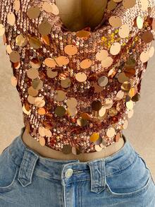 Soleia 女士圆领无袖时尚装饰环修身短款上衣 - 棕色 - 查看 6