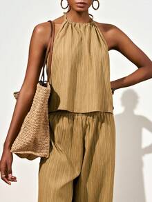 Zivah 春夏新品：音乐节、西部风、游牧风、生日派对、毕业季、学院风、学生装、日常穿搭、百搭基础款、休闲风、度假、邮轮旅行、海滩、海边、日光浴、网红热单、街头风、无袖宽松背心露背吊带上衣搭配宽松阔腿裤，女士褶皱面料休闲优雅两件套 - A - 橄欖綠 - 查看 3
