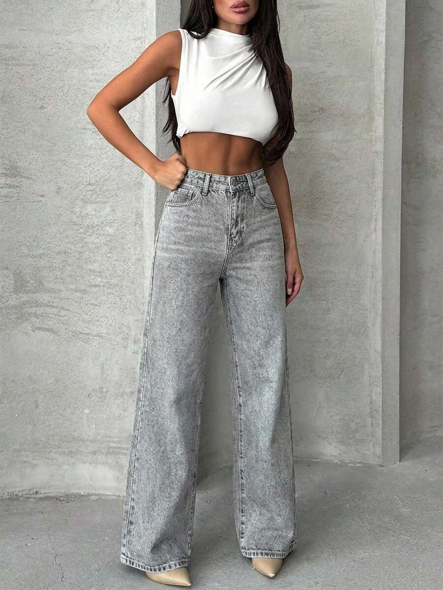 EURMUSE High Waist Casual Fashion Straight Loose Daily Wear Jeans - Grey - View 1