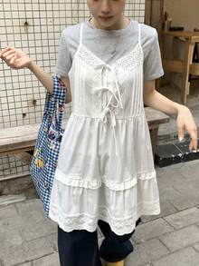 DAZY Women's Solid Color Lace Patchwork Knotted Ruffle Hem Camisole Summer Easter - White - View 6