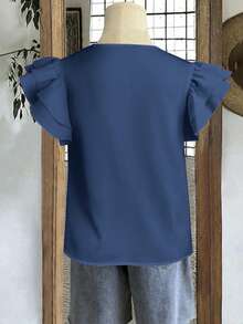 Mellowie Women's Solid Color Round Neck Casual Versatile Daily Ruffle Sleeve Blouse - Dusty Blue - View 7
