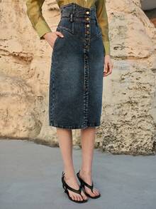 MOTF PREMIUM HIGH WAIST DARK WASH DENIM SKIRT, SPRING/SUMMER - Dark Wash - View 5