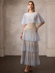 MOTF PREMIUM 女士新款蓝色网纱串珠层叠连衣裙，飘逸薄纱荷叶边长款连衣裙，宴会走秀晚礼服 - 藍色 - 查看 4