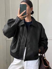 DAZY Chaqueta regular de mujer de PU gruesa, suelta y casual, nueva para otoño/invierno - Negro - Ver 3