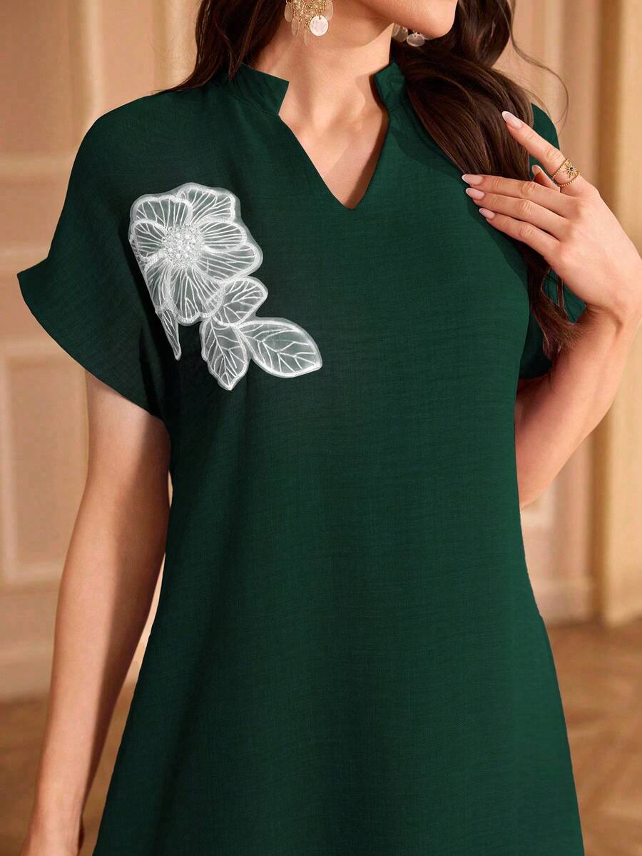 Al Najma Embroidered Collar Floral Raglan Sleeve Stand Collar Elegant Dress - Dark Green - View 1