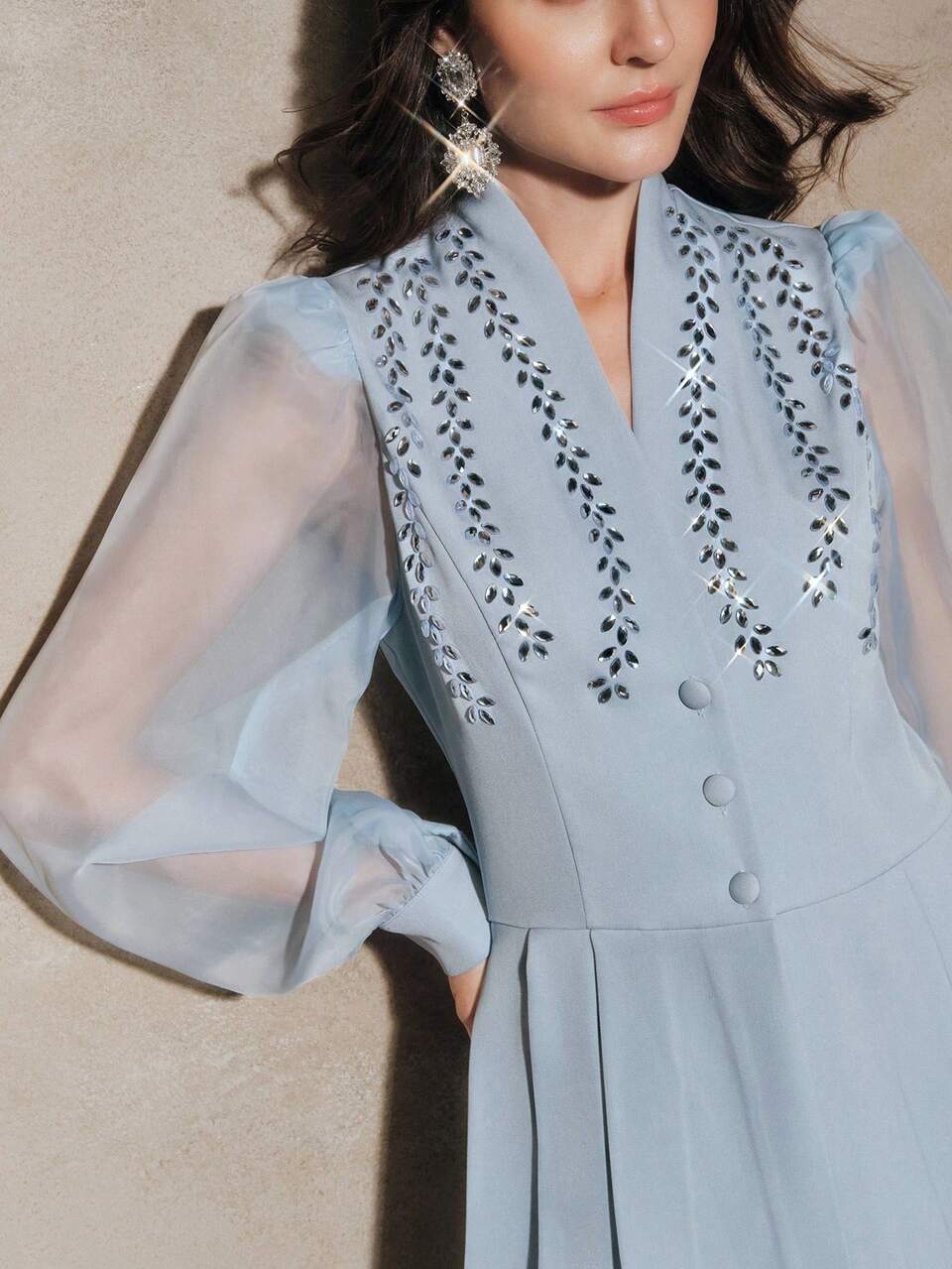 Anewsta Women's Light Blue Autumn Elegant Wedding Guest Mesh Long Sleeve Rhinestone Fitted Blouse & Straight Leg Pants Suit,Spring/Summer Party Work Outfit