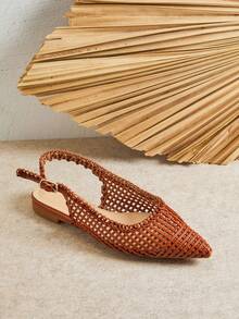SHUZIA 女式宽版时尚编织尖头露跟平底鞋 - 棕色 - 查看 5