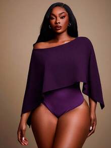 Radiana Plus Size Women's Elegant Daily Basic Dark Purple Solid Color Elegant Off Shoulder Batwing Cape Style Bodysuit Party Night Autumn Winter - Purple - View 1
