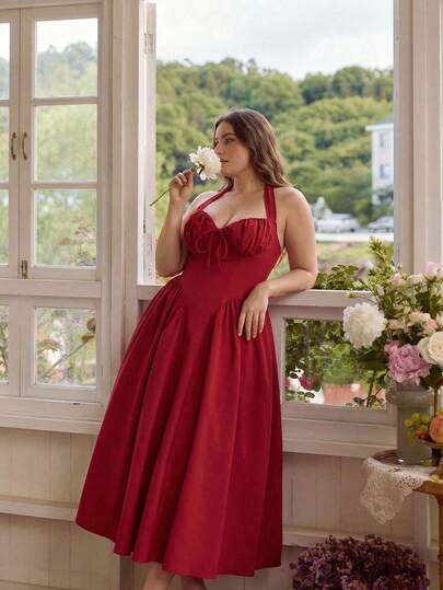SHEIN MOD 大码女士露背褶皱蝴蝶结摆裙，红色派对女士服装，化装舞会礼服，生日女士服装，性感红色连衣裙，蝴蝶结连衣裙，女士长款连衣裙，舞会礼服，女士正式复古连衣裙，女士派对礼服，女士鸡尾酒会礼服，女士正式女仆装，束身连衣裙