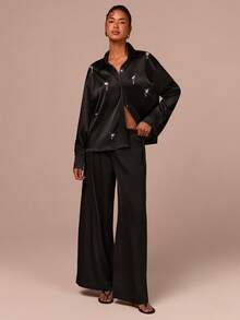 COSMINA Women's Elegant Rhinestone Decor Long Sleeve Blouse, Versatile For Office And Commute, All Season,  Satin Shirts For Women,  Black Button Up Shirt Women,  Rhinestone Shirt,  Satin Blouses For Women,  Sexy Blouses - Black - View 3
