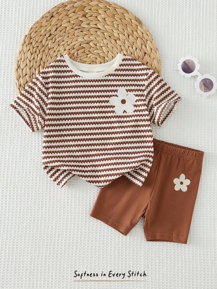 Cozy Pixies 2pcs Baby Girl Floral Print Knit Soft Round Neck Short Sleeve Top And Elastic Waist Shorts Set Ootd For Baby Girl 1 To 2 Years Old Brown Outfit For Baby Girl Summer Holiday Outfits 2 Piece Set Baby Clothes Outfit Set Suitable For Casual Everyday Wear - Multicolor - View 1
