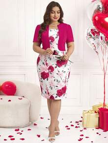 Reflora Vestido de mujer talla grande de punto elástico con estampado floral de primavera, elegante y romántico para uso diario, adecuado para el Día de San Valentín - Rojo violeta - Ver 3