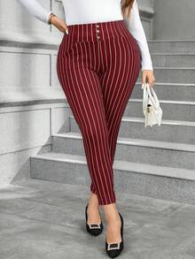 SHEIN Clasi Plus Size Women's Striped Button Decor Skinny Pants, Suitable For Work And Commute - Burgundy - View 6