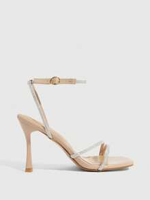 CUCCOO SZL Women Fashion Shallow Gold Rhinestone High Heel Square Toe Sandals, Suitable For Commuting, Dating, Party For Christmas - Nude 1 - View 4