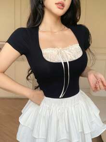 DAZY 春夏两款撞色黑白拼接优雅短袖T恤，女士款，系带蝴蝶结装饰，适合情人节、婚礼、派对等场合。 - 黑色 - 查看 6