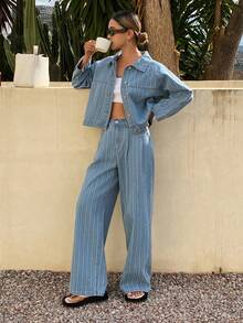 Livesso Women's Casual Textured Striped Blue Denim Shirt Top And Straight Leg Pants Set, Loose Fit Fashion Vacation Street Style Jacket Outfit, Spring/Summer - Light Wash - View 7