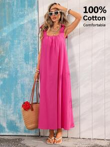 Vivid Eden 女士纯色褶皱休闲中长连衣裙，适合约会和外出，100%纯棉面料，适合度假、休闲穿搭、沙滩装、女士沙滩装、狂欢节服装、女士狂欢节服装、女士情人节服装、夏季度假服装、适合春夏假期、女士休闲装、女士休闲夏季连衣裙、女士度假连衣裙、女士夏季长裙、女士休闲夏季连衣裙、女士休闲长裙 - 玫紅色 - 查看 3