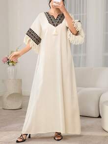 Al Najma New Middle Eastern Vacation Style V-Neck A-Line Long Robe, Turkish Robe - Apricot - View 7