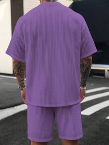 Manfinity CasualCool 男士纯色落肩短袖休闲宽松纹理T恤套装 - 紫色 - 查看 2