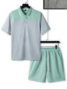 Manfinity Homme Men's Contrast Color Collar Polo Shirt Set, Suitable For Home, Outing And Gatherings - Green - View 3