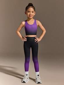 Bộ đồ thể thao gồm áo croptop không tay và quần legging in họa tiết ombre tím đen, chất liệu co giãn cao, ôm sát tôn dáng, thích hợp cho đạp xe, chạy bộ, tập luyện, dành cho bé gái. - Nhiều màu - Xem 5