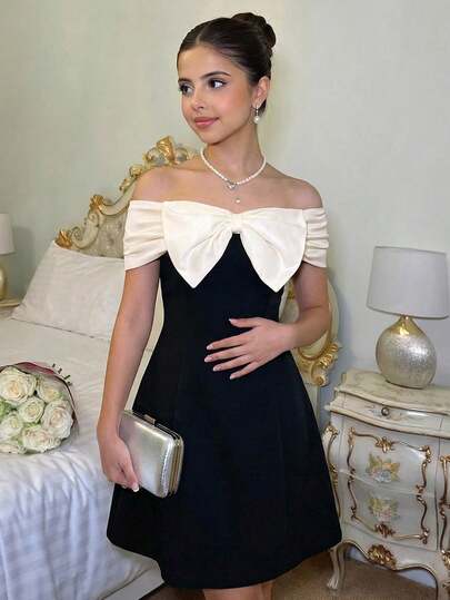 SHEIN Vestido elegante de fiesta con hombros descubiertos, lazo y contraste de color negro y blanco, vestido corto para adolescentes