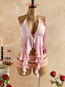 Soleia 波西米亚风钩针编织沙滩短裤，高腰梭织夏季休闲沙滩裤，迷你短裤 + 女士假日纯色不对称下摆性感吊带背心，夏季 - 彩色 - 查看 1