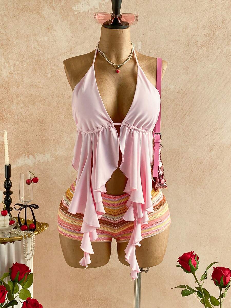 Soleia 波西米亚风钩针编织沙滩短裤，高腰梭织夏季休闲沙滩裤，迷你短裤 + 女士假日纯色不对称下摆性感吊带背心，夏季 - 彩色 - 查看 1